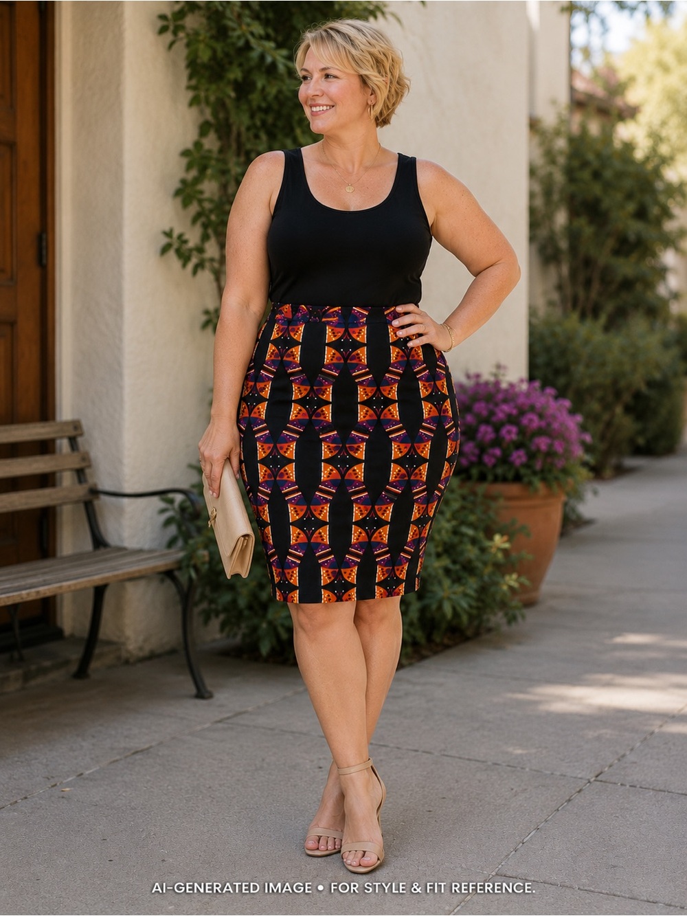 LuLaRoe Black Orange Diamond Geometric Cassie Pencil Skirt